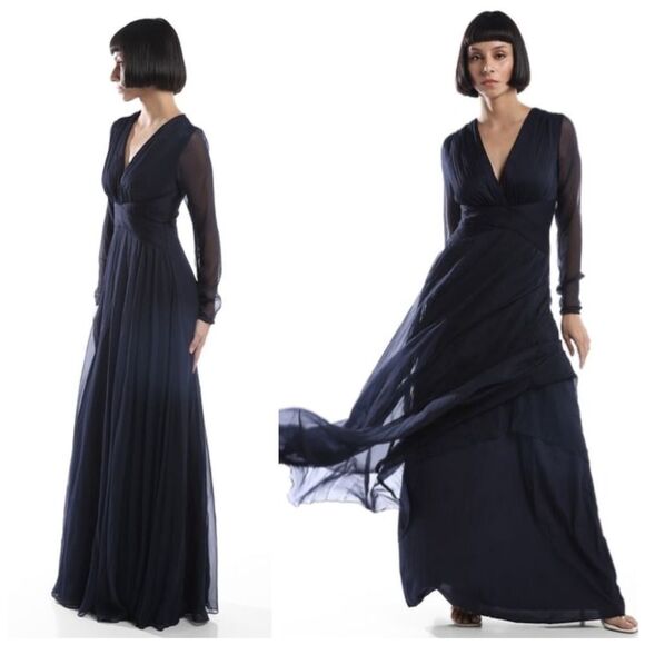 ASOS Navy Blue V-Neck Semi Sheer Evening Maxi Gown Dress - Picture 2 of 10